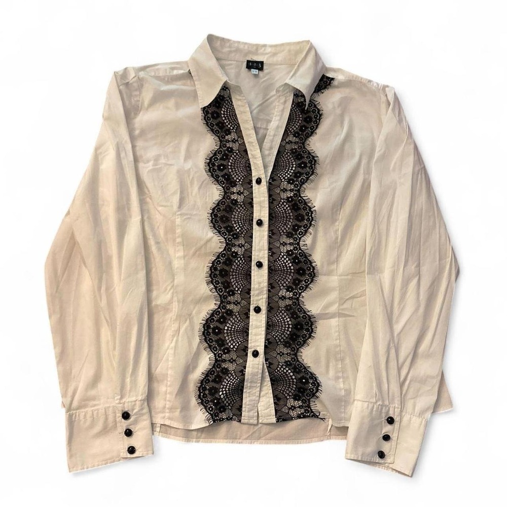 1.2.3 Paris White Black Lace Button Up Blouse Womens Size 46 Long Sleeve Top